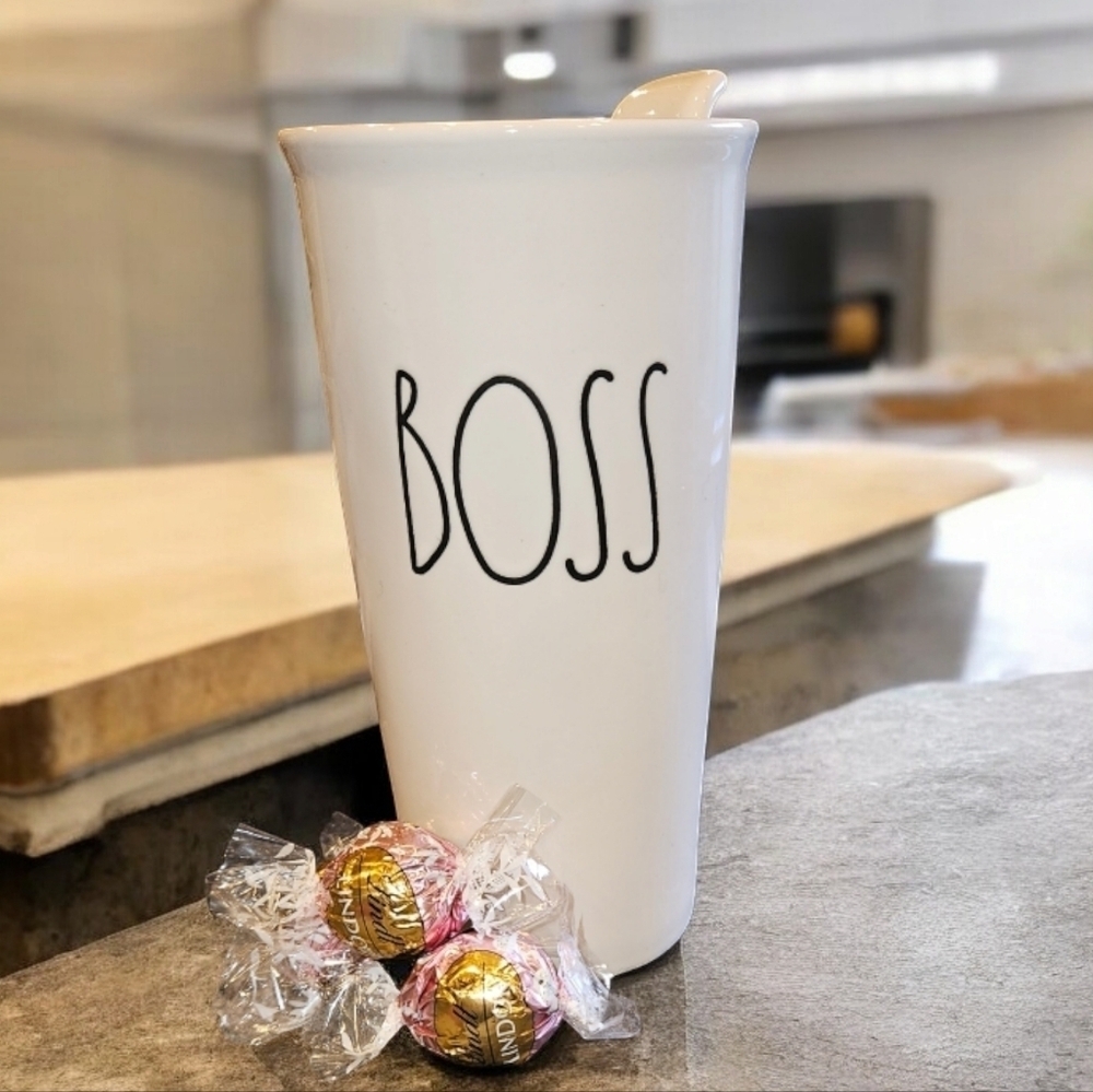 Rae Dunn BOSS Travel Ceramic Travel Tumbler Mug with Lid​​​​​